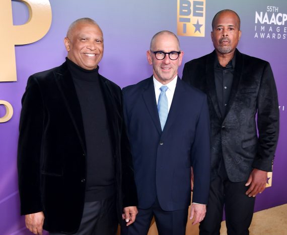 Byron Phillips, Philip Gurin and Reginald Hudlin attend the 55th NAACP Image Awards at Shrine Auditorium and Expo Hall on March 16, 2024 in Los Angeles, California. (Photo by Paras Griffin/Getty Images for BET)